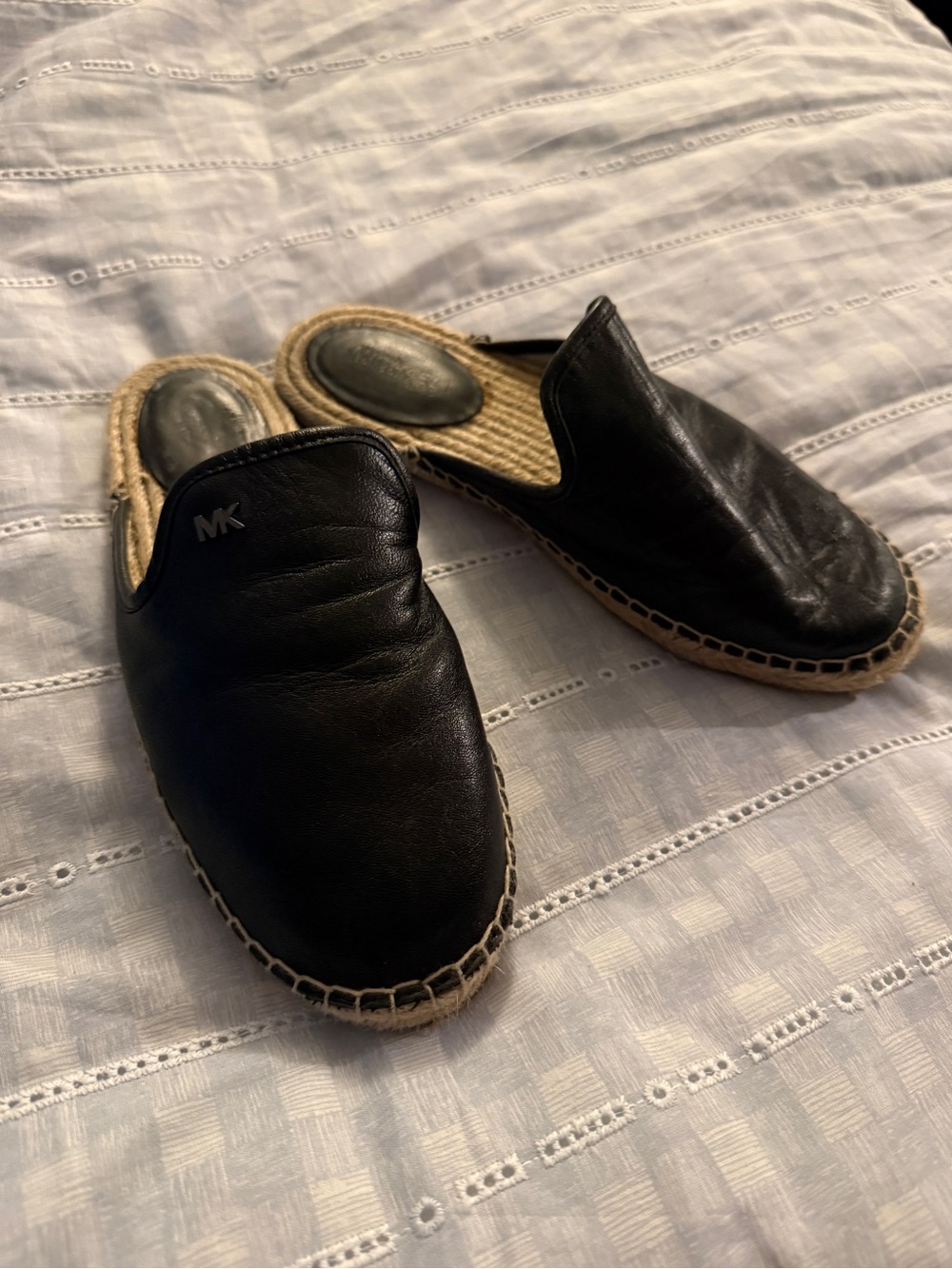 Michael Kors Black Leather Slip-On Espadrille Slides